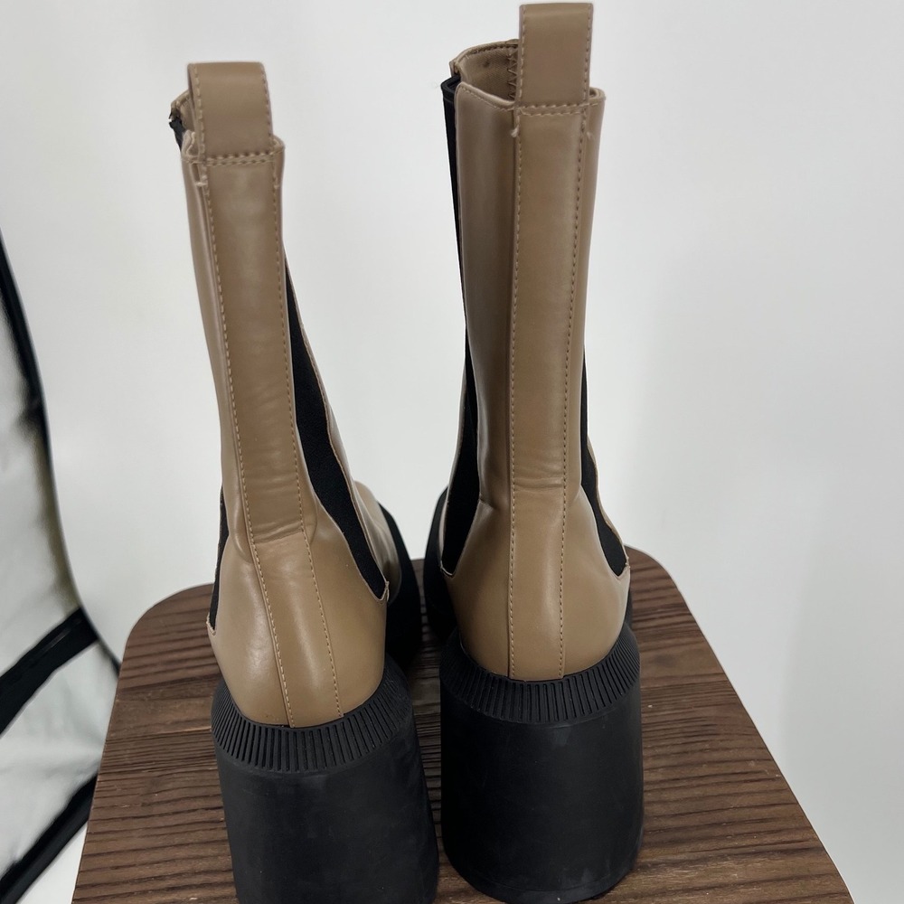 Charles & Keith Tan Beige Square Toe Platform Chelsea Boots Block Heel 39 - Picture 5 of 12